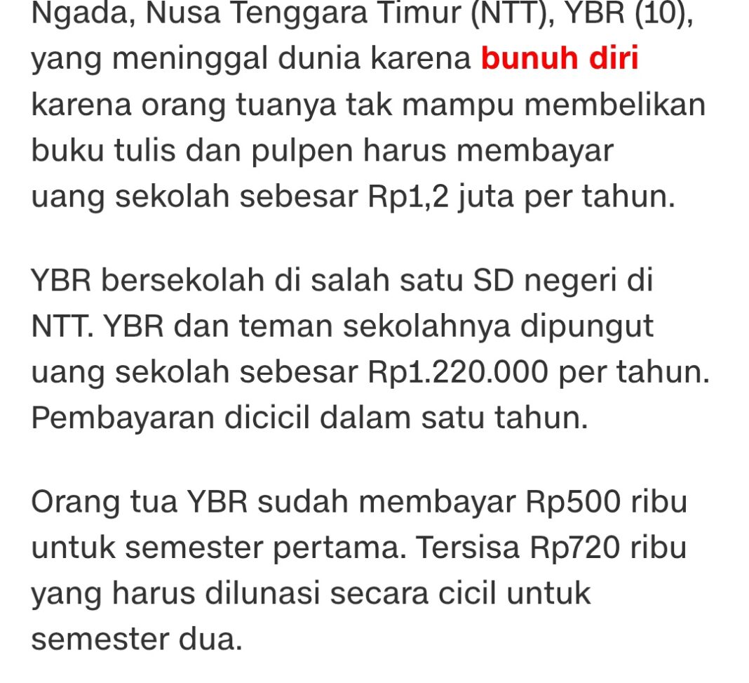 Siswa SD di NTT yang Bunuh Diri Dipungut Uang Sekolah Rp 1,2 Juta Per Tahun